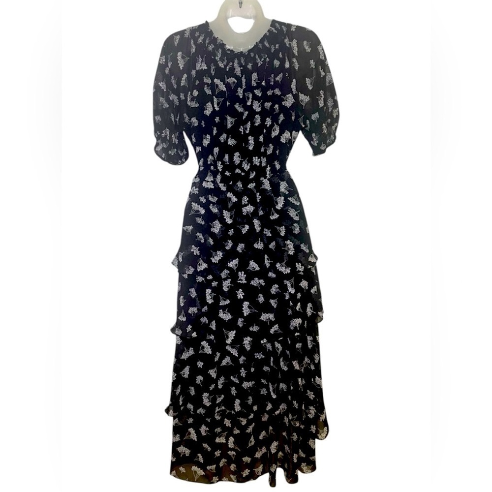 Maje Floral Off Shoulder Hi Low Black White Asymmetrical Midi Dress US M l FR 38 - Picture 10 of 14